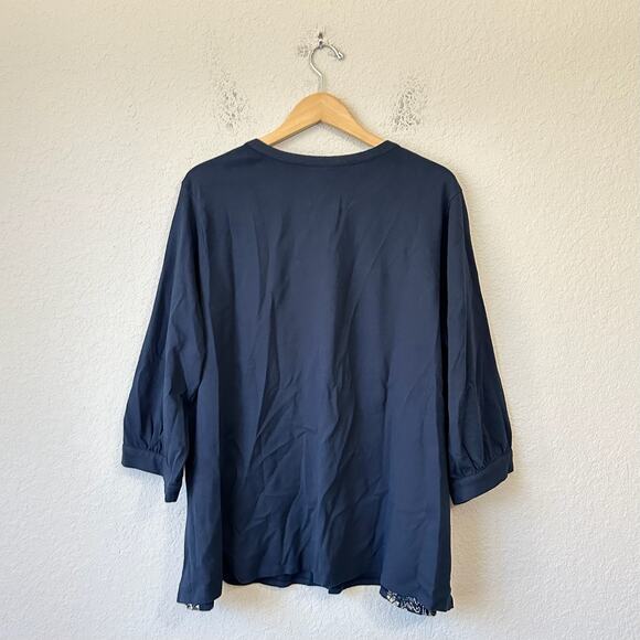 J.JILL PURE JILL Top Blouse Navy Blue Embroidered Cotton Boho NWT - Picture 2 of 9